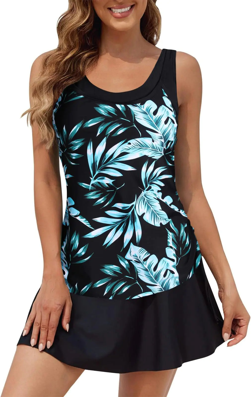 SEAFORM Womens Two-Piece Tankini Swimsuits Tummy Control Bathing Suits False Two-Piece Tankini Top with Swim Dress for Women Black/Green