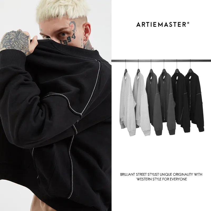 Zip-Up Solid Color Crew Neck Sweatshirt